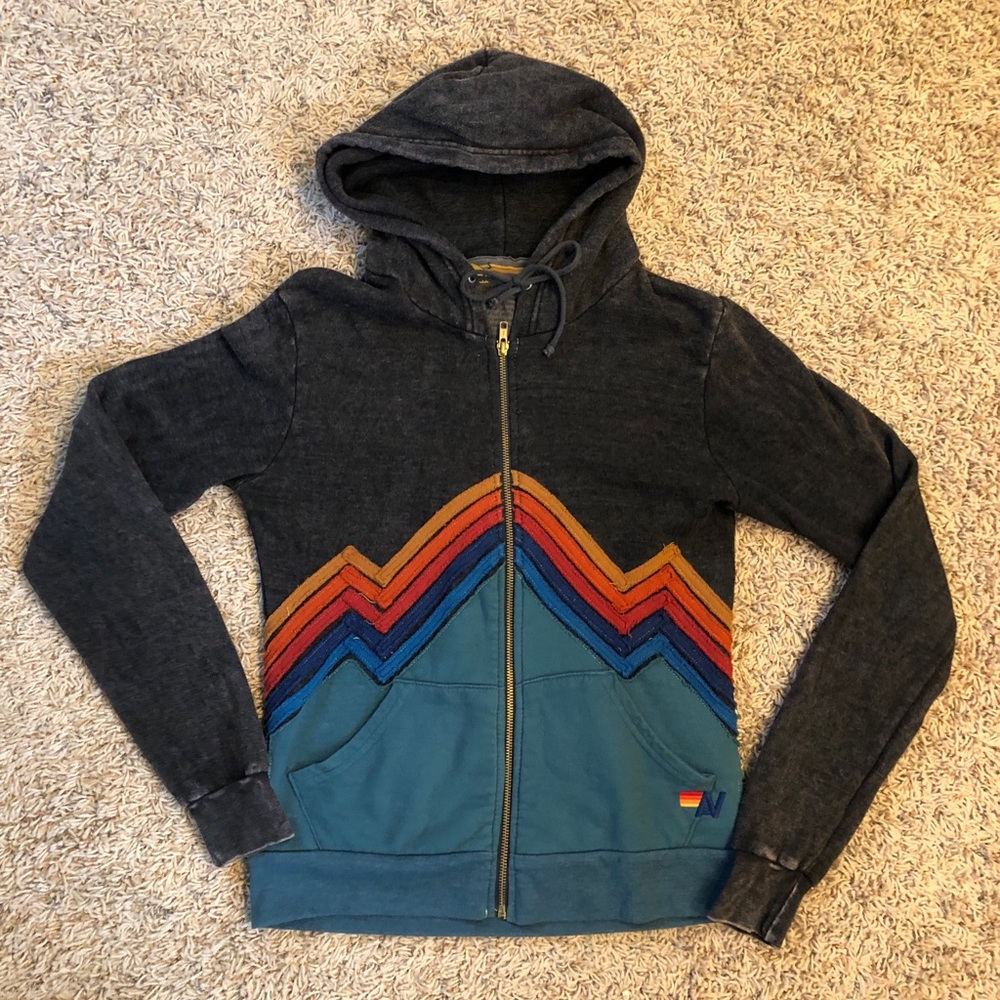 Aviator Nation retro 5 stripe two tone mountain zip hoodie unisex small (S)